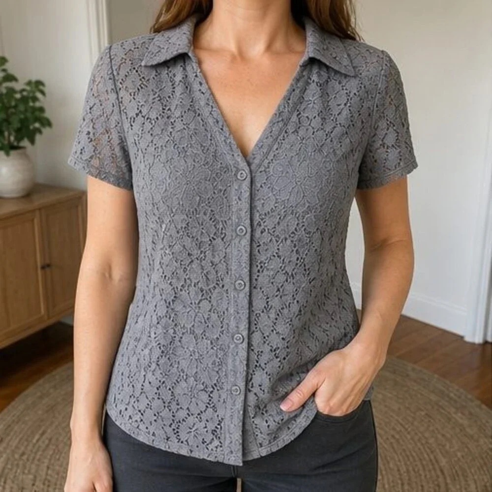 Lace Short-Sleeve Button-Down Shirt - Gray - Picture 2 of 6